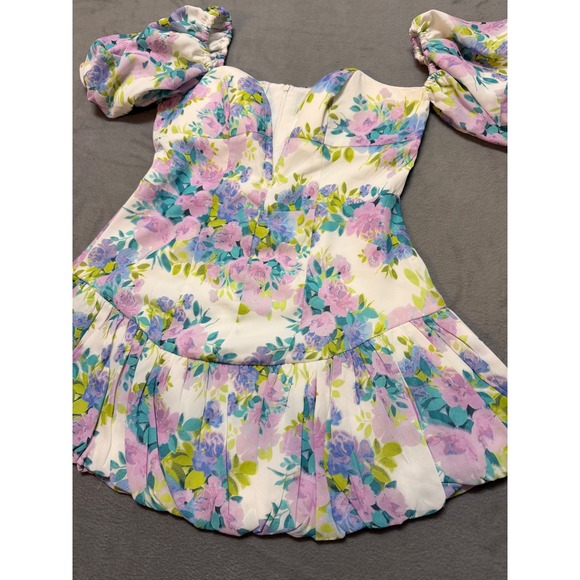 Honey Plum Floral Babydoll Puff Sleeve Sweetheart Neckline Dress Garden Party - Picture 3 of 8
